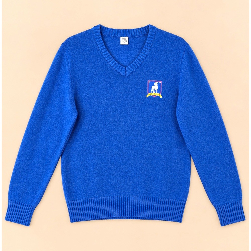 Ted Lasso Coach Costume V-Neck Sweater Men's Sz Lrg AFC Richmond Crest Blue Knit